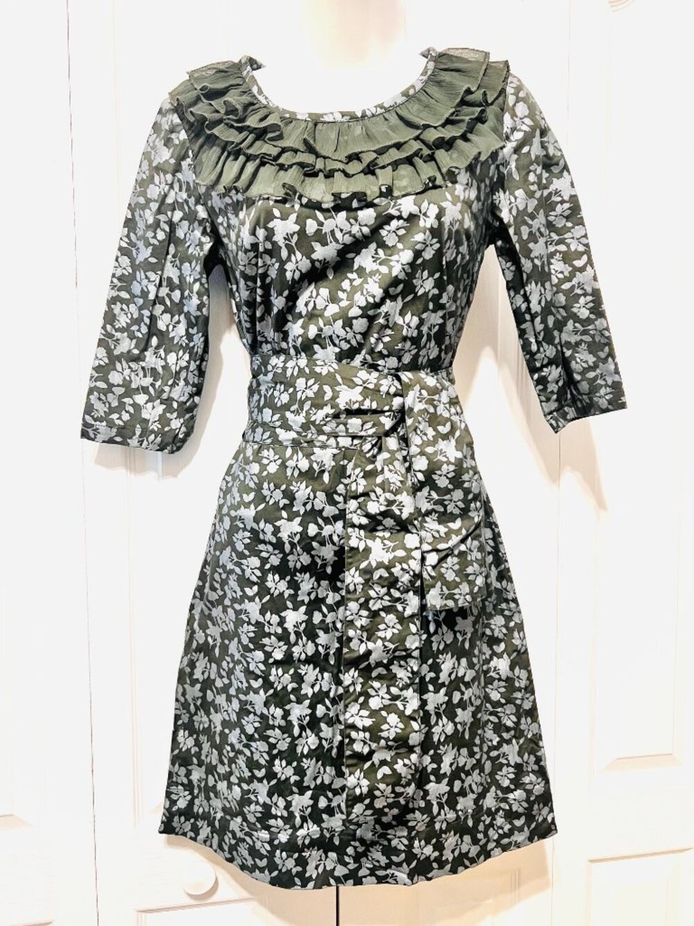 Almatrichi Madrid Spain-Size 36 (Small 4) Green/Gray Mini Belted 3/4 Sleeves